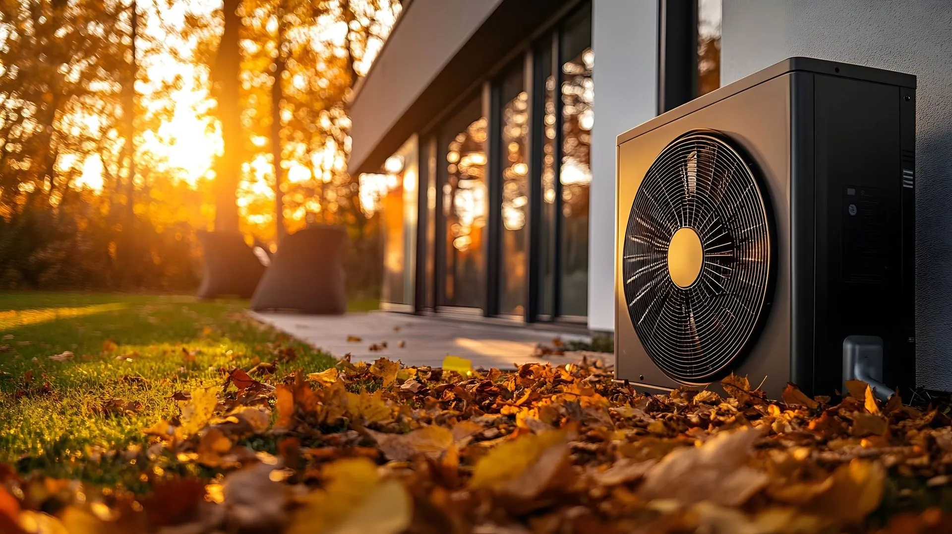 Pompa di calore all’esterno di una casa, in autunno